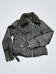 Black Rivet Faux Leather Moto Jacket with Sherpa C..