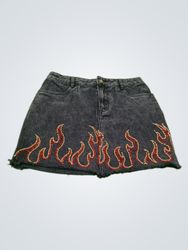 HONEY PUNCH Flame Embroidered Denim Mini Skirt