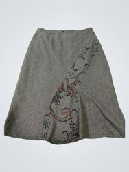 Brown A-line skirt with black and red paisley prin..