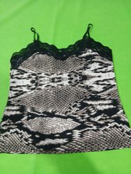 Snakeskin print camisole with black lace trim