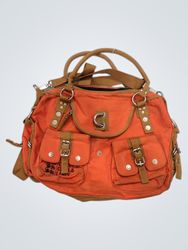 Orange Handbag with Buckles and Pockets