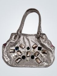 Silver Embellished Snake Print Handbag