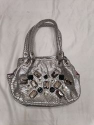 Silver Embossed Handbag with Rhinestones