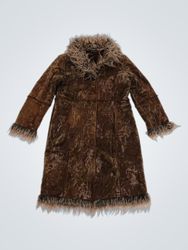 Text. Brown Velvet Faux Fur Trimmed Coat