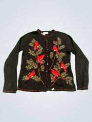 WHITE STAG Black Cardigan with Cardinal Embroidery