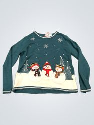 Teal Christmas Sweater with Snowmen and Snowflakes