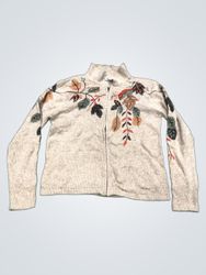 Dressbarn Zip-Up Knit Sweater with Floral Embroide..