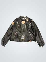 Black Faux Leather Jacket with Floral Embroidery