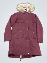 Maroon Parka Jacket with Fur Hood