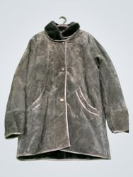 Dark Suede Coat with Fur Collar