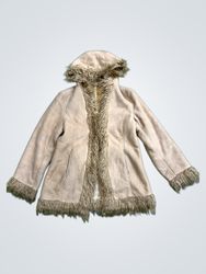 Beige hooded jacket with faux fur trim