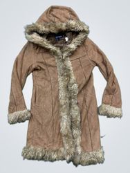 ZHONGYILI FASHION Brown Suede Fur Lined Hooded Coa..