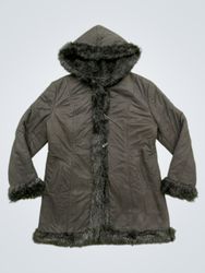Black hooded coat with faux fur trim