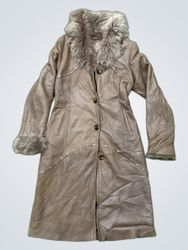 Brown Faux Leather Coat with Fur Trim