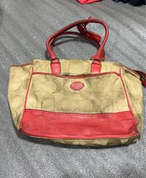 Coach Beige Canvas Tote Handbag with Red Leather A..