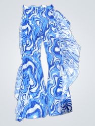 Blue and white wavy pattern ruffled pants