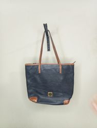 Dooney & Bourke Black Leather Tote Bag with Tan Tr..