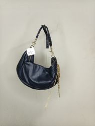 Black Leather Shoulder Bag with Gold Chain Detail