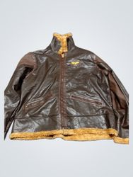 Brown Faux Leather Jacket with Fur Trim