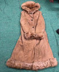 Tan Fur-Trimmed Hooded Coat