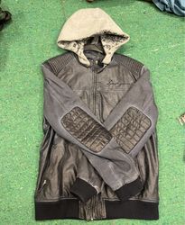 Desigual Gray Leather Jacket with Hood