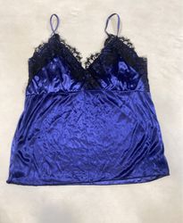 Blue Satin Cami with Lace Trim