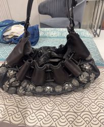 Black Leather Handbag with Metal Studs