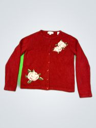Casual Corner Red Floral Knit Cardigan
