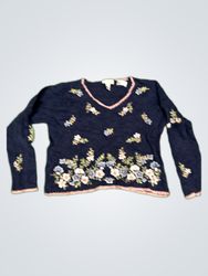 Navy Blue Floral Embroidered Sweater