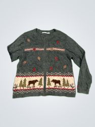 Grey Knit Cardigan with Moose and Leaf Embroidery