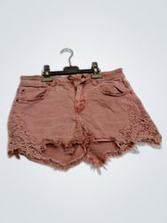 Distressed Denim Mini Shorts with Lace Trim