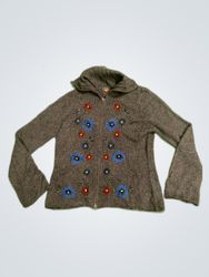 Gray Floral Zippered Hooded Sweater