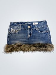 Upcycled Maurices Denim Mini Skirt with Fur Trim