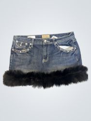 Upcycled Earl Jean Denim Mini Skirt with Fur Trim