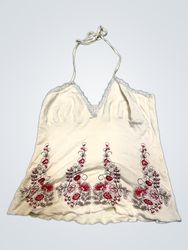 Cream Halter Top with Floral Embroidery