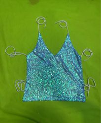 Top halter en sequins bleus recyclés avec liens