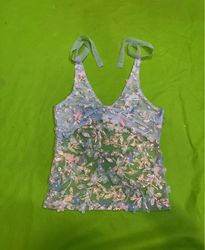 Upcycled Blue mesh floral sequin tank top