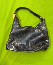 Blue Patent Leather Handbag with Embossed Hearts