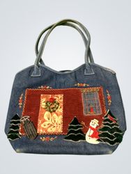 Denim Tote Bag with Christmas Appliqué