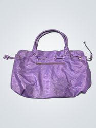 Purple handbag with drawstring details and a zippe..