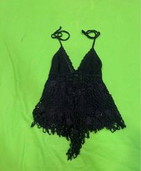 Black Crochet Halter Top with Tassels