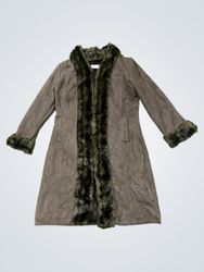 Brown Suede-like Coat with Faux Fur Trim