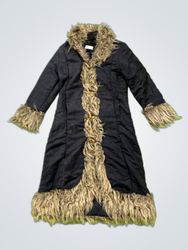 ELISA IMMA GINE Black Fur Trimmed Long Coat