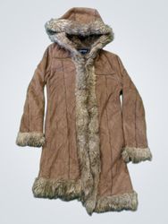 ZHONGYILI FASHION Brown Suede Faux Fur Hooded Long..
