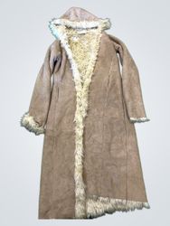 FOXHOLE Hooded Faux Suede Sheepskin Lined Long Coa..