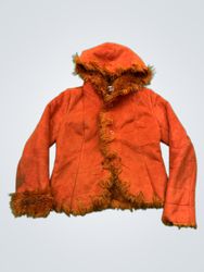 Orange hooded jacket with fur trim