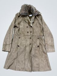 Brown Suede-like Coat with Fur Collar