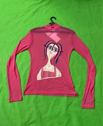Upcycled Pink Mesh Long Sleeve Top with Graphic Pr..