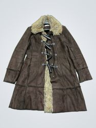 Promod Brown Faux Suede Toggle Coat with Faux Fur ..