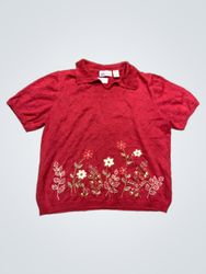 Alfred Dunner Red Embroidered Floral Knit Collared..
